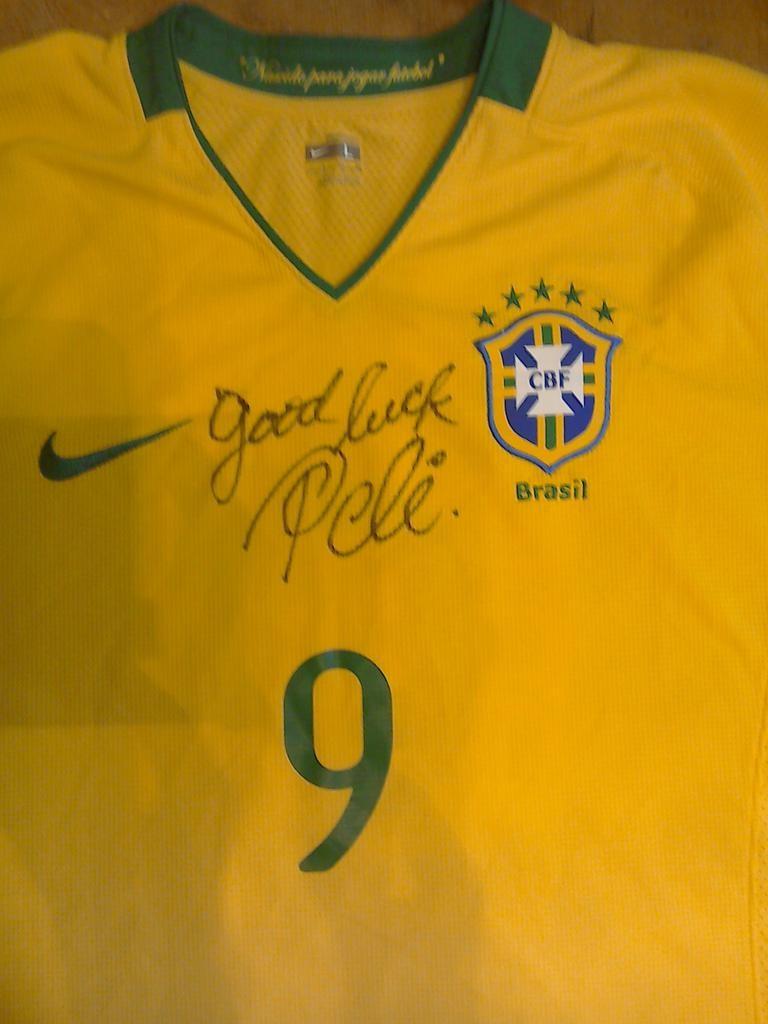 sports promo voice over signed pele shirt